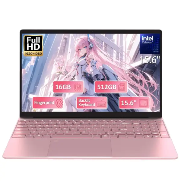 15.6" FHD Student Laptop Pink,16GB DDR4 RAM 512GB PCIe SSD,Portable Laptop Computer with Backlit Keyboard,180 ° Angle Opening,Fingerprint Reader,6000mAh Battery,Webcam,WiFi 5,BT...