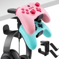 3-in-1 Gaming Headset and Controller Holder, Under Desk Mount with Adjustable Clamp, Rotating Hook, 2 Controller Holders for Gaming Equipment Desk Accessories