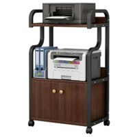 Beauenty 3 Tier Printer Stand with Storage Cabinets, Mobile Printer Stand with Open Shelving, File Cabinet,Floor Standing Printer Rack for Home Offices (Walnut)