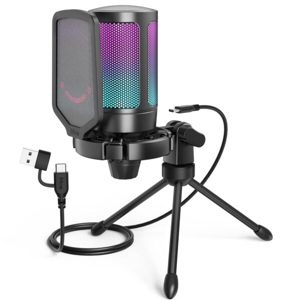 FIFINE Gaming USB Microphone for PC PS5, Condenser Mic with Quick Mute, RGB Indicator, Tripod Stand, Pop Filter, Shock Mount, Gain Control for Streaming Discord Twitch Podcasts...