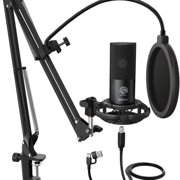 FIFINE Studio Condenser USB Microphone Computer PC Microphone Kit with Adjustable Scissor Arm Stand Shock Mount for Instruments Voice Overs Recording Podcasting YouTube Karaoke...