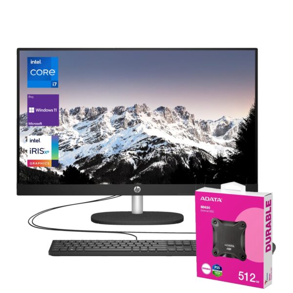 HP Business 27" 13th i7 All in One Desktop Computer, FHD Display, 32GB RAM, 1TB SSD, IR Camera, RJ-45, Wi-Fi 6, Wired KB & Mouse, Windows 11 Pro, Black, with Adata 512 External...