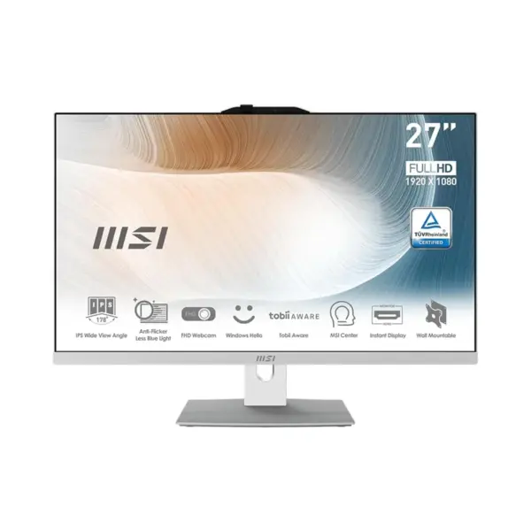 MSI Modern AM272P 12M All-in-One Desktop PC, 27 Inch FHD IPS, Intel Core i7-14700, 8GB DDR5 RAM, 512GB SSD, WiFi 6E, DOS - White