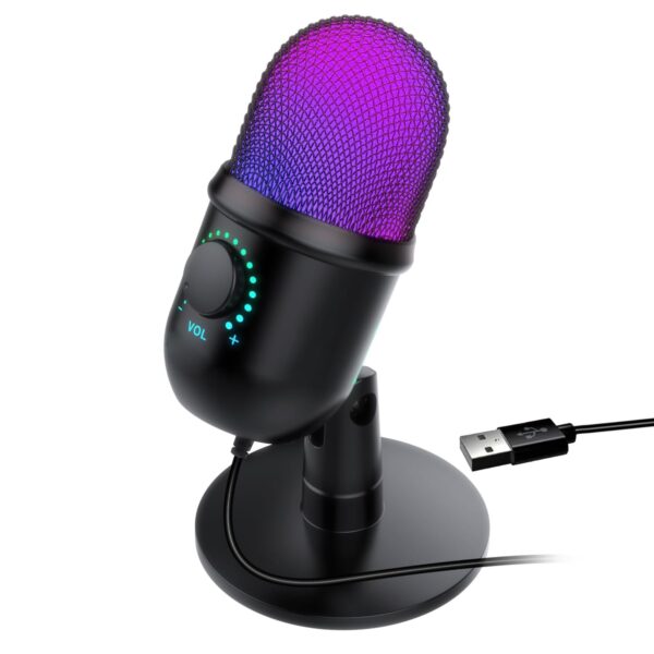 USB Computer Microphone, Gaming Microphone for PC, Condenser Podcast Mic for Streaming, Studio Recording, Real Time Monitor, RGB Lighting, Mute, Gain, Noise Cancellation